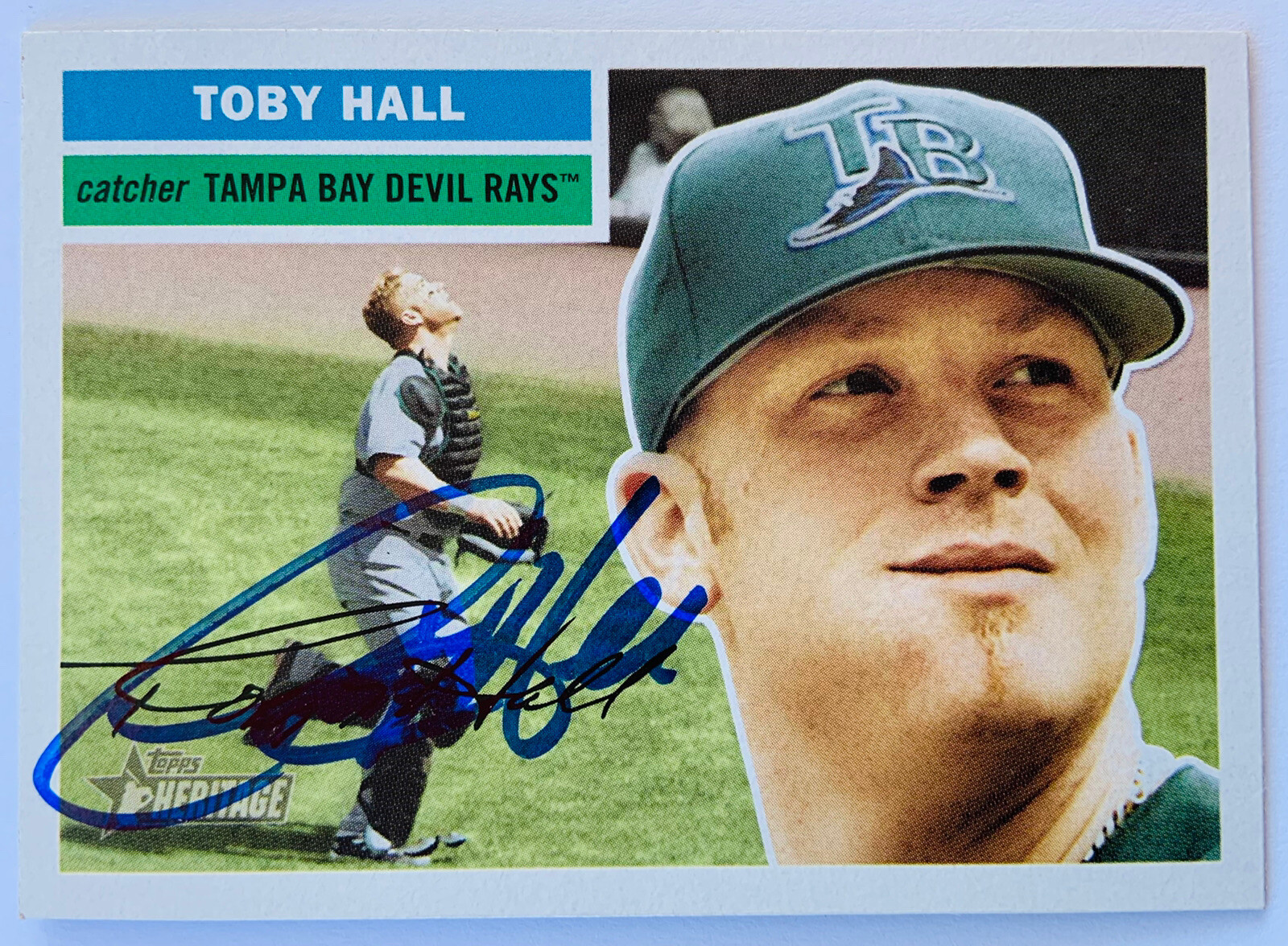 Toby Hall Tampa Bay Devil Rays Signed 2005 Topps Heritage Card #385 COA Proof