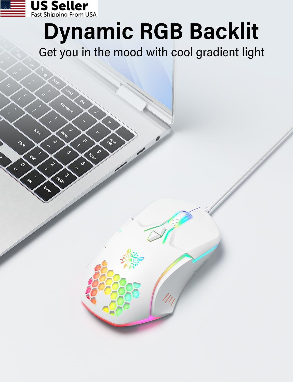 ONITOON Wired USB Mouse, Computer Mouse with RGB Lighting, 4 Adjustable White