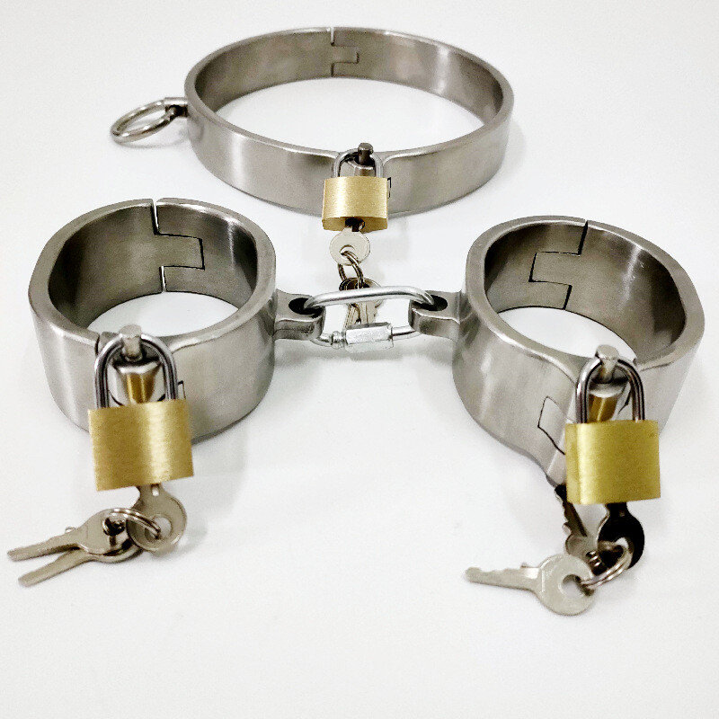 Stainless Steel Heavy Handcuff Ankle Cuffs Neck Collar Chain Shackle Constraint