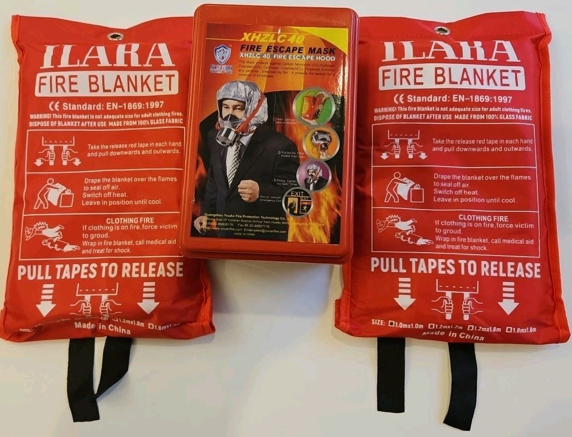 Emergency Fire Safety Kit 2 Fire Blankets + Fire Escape Hood Smoke Mask