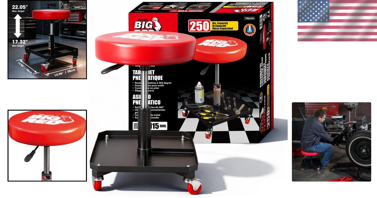 Comfortable Garage Rolling Seat with Tool Tray - Pneumatic Height Adjustable