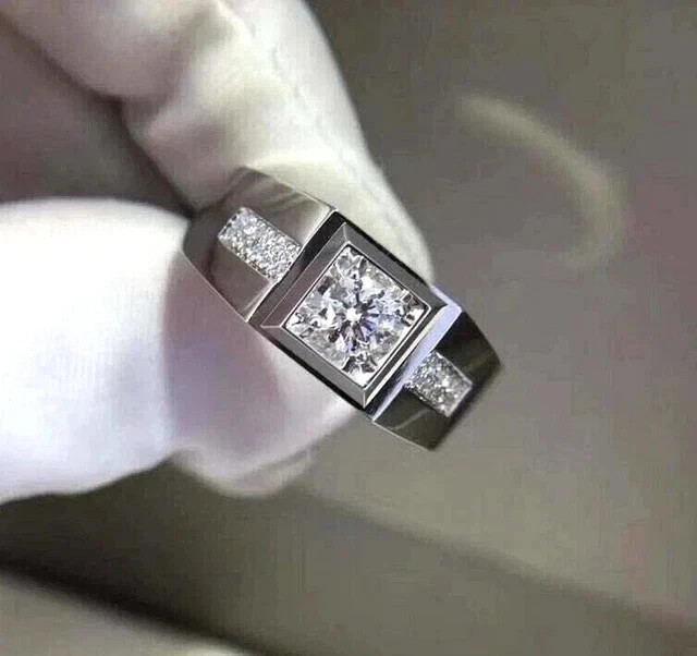 Natural Moissanite 2.50 Ct Round Men's Halo Engagement Ring 925 Sterling Silver