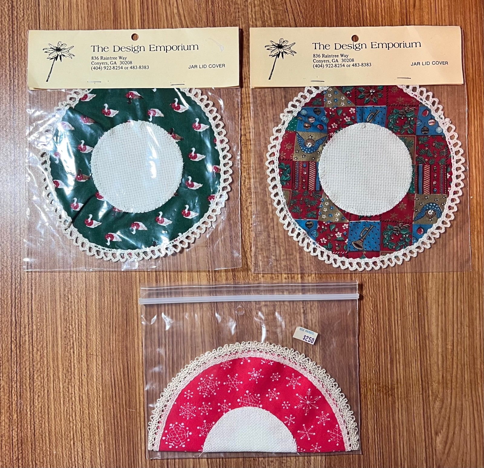 Lot of 3 Cross Stitch Aida Fabric JAR LID COVERS The Design Emporium Christmas