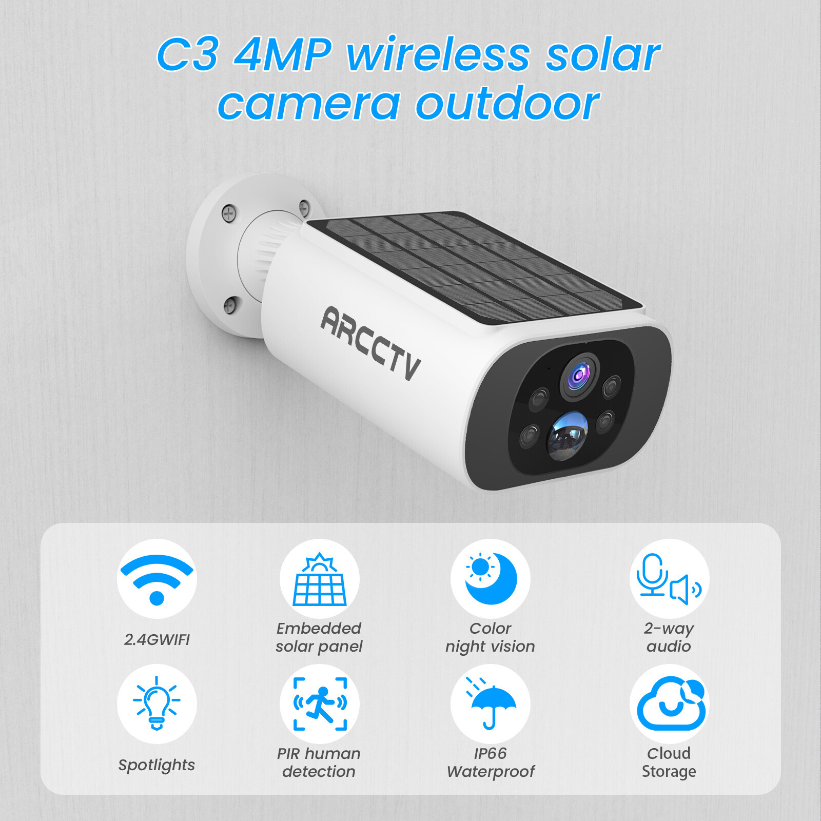 ARCCTV Wireless 4MP Solar WiFi Security Camera Home Outdoor CCTV Battery Powered