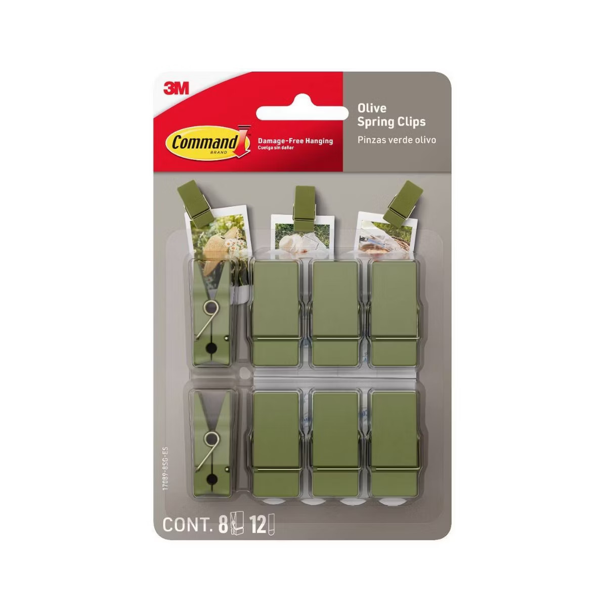 Command Spring Clips 8 Hooks and 12 Strips Olive *NEW* 3M