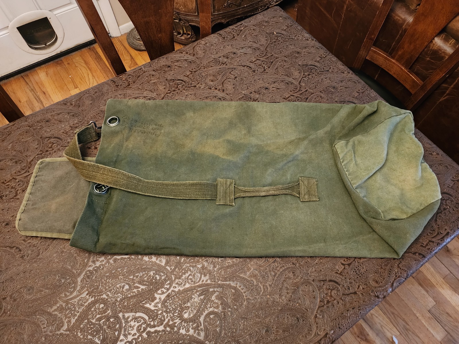Vintage US Military Duffel Bag. Top Load, Green Canvas, Handle & Strap.