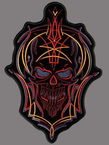 SKULL PIN STRIPE EMBROIDERED IRON ON 6 INCH BIKER  PATCH