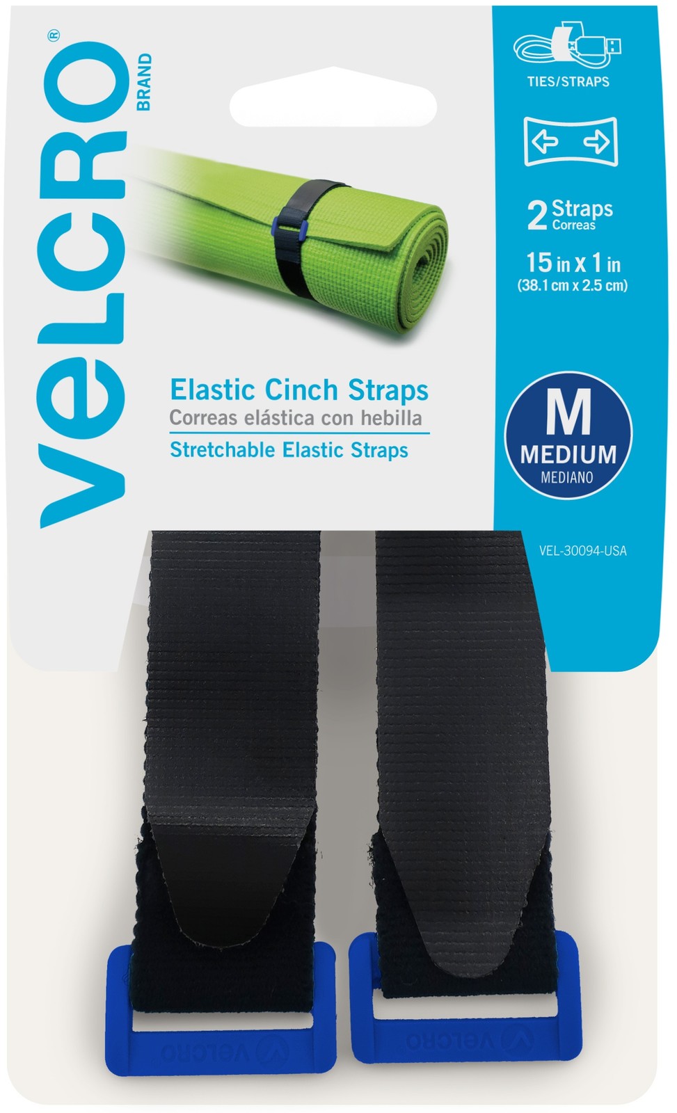 VELCRO(R) Brand Elastic Cinch Strap 15"X1" 2/Pkg Black