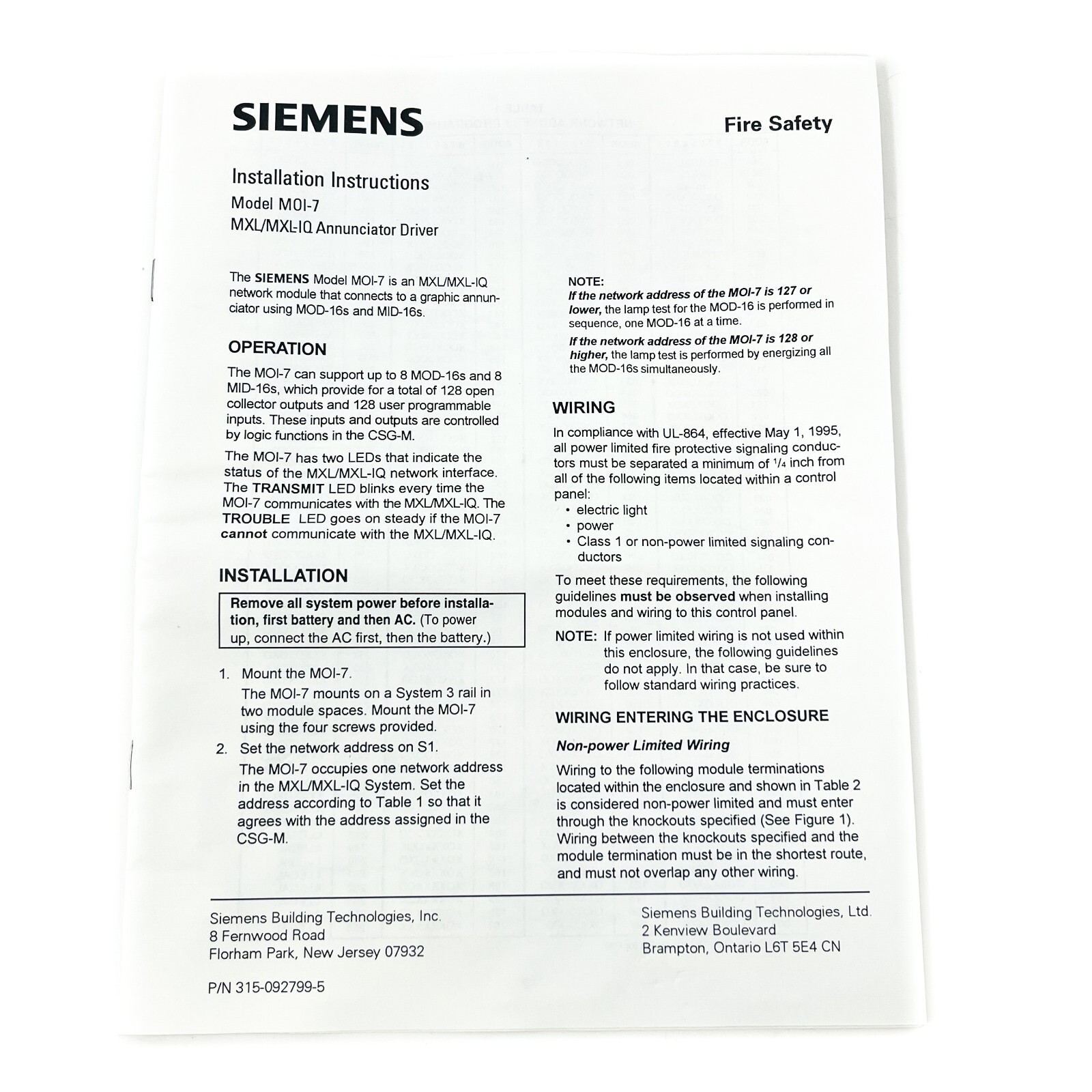 Siemens MOI-7 Cerberus Pyrotronics 500-892800 Network Input Output Module