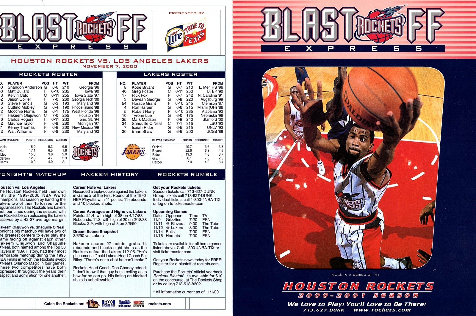 CUTTINO MOBLEY Hoston Rockets November 2000 Blastoff Program Lakers Kobe Bryant