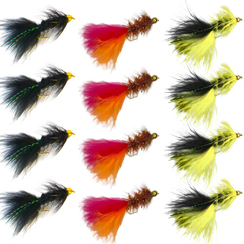 12 Pc Woolly Bugger – Fire Tiger, Black, Yellow - Fly Fishing Flies Bass & Trout