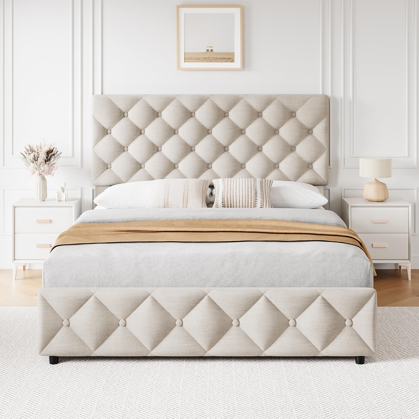 Full Size Upholstered Platform Bed Frame with 4 Drawers, Adjustable Headboard