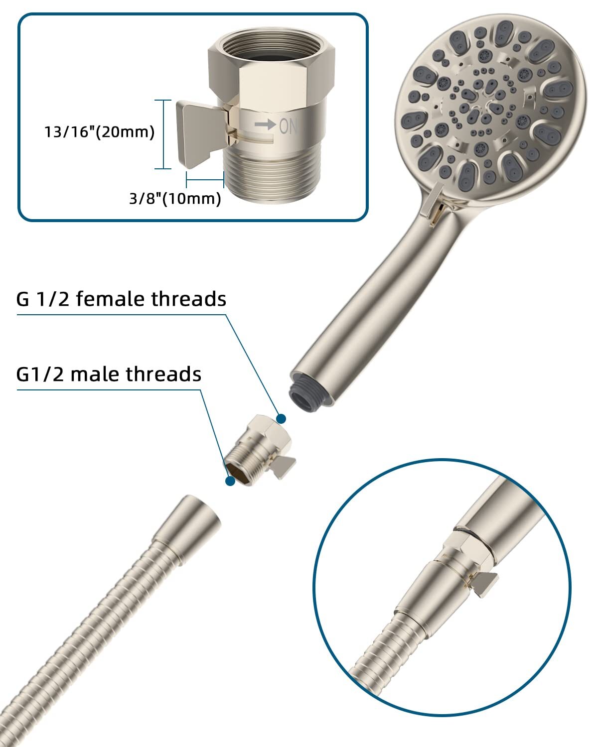 All Metal Shower Head Flow Control Valve G1/2 Brass Shut-off Valve with Handle
