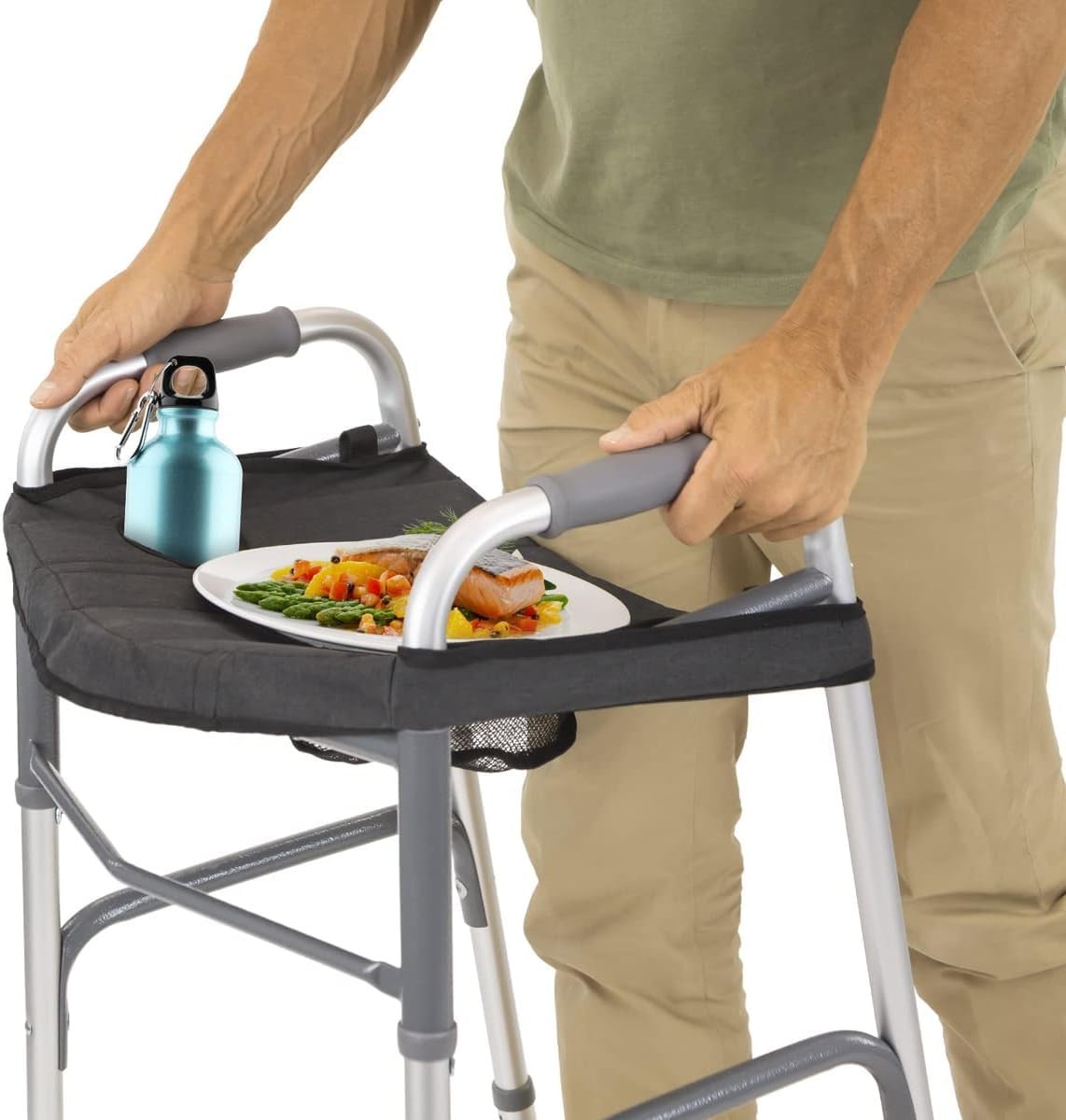 Vive Walker Tray for Folding, Standard Walkers (with Basket) - Black