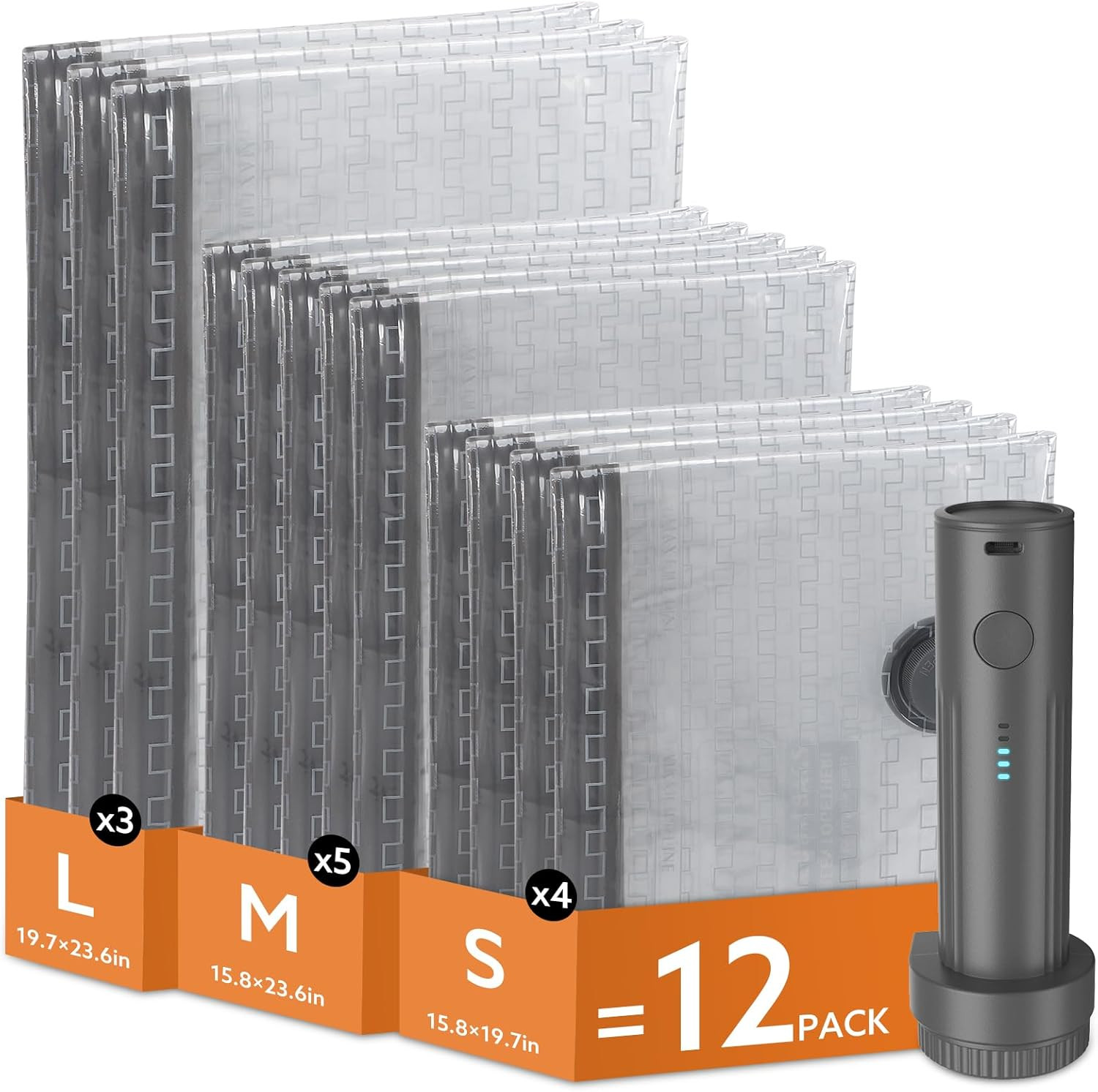 12 Pack Travel Vacuum Bags with Wireless Pump - Space Saver for Luggage