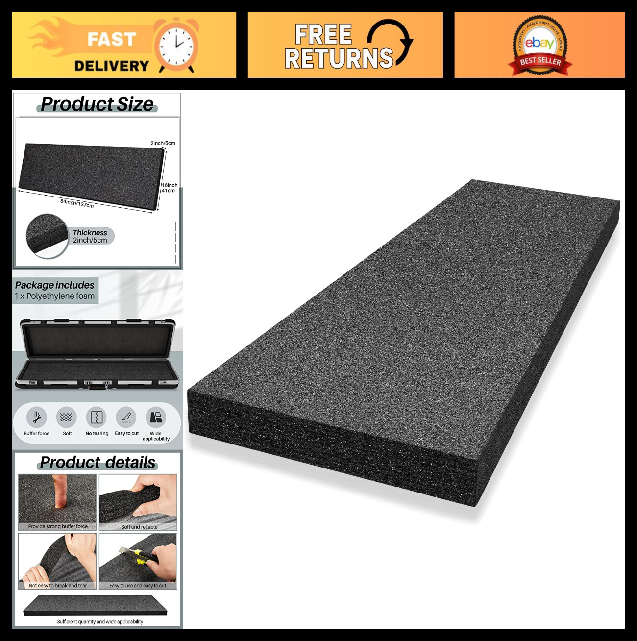 Customizable Black Foam Sheet 54"x16"x2" - Cushion Pad for Gun Case, Crafts, DIY