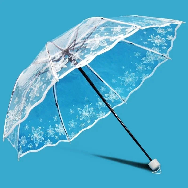 Transparent White Flower Umbrella Women Rain Portable Mini Parasol Outdoor Clear