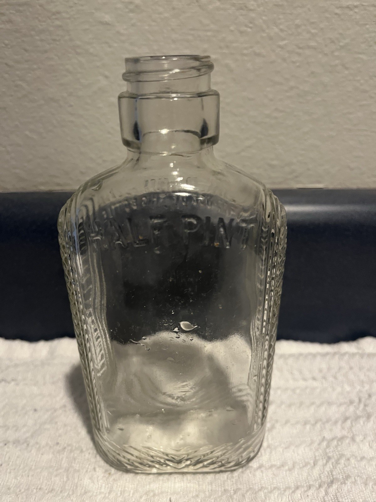 Clear Glass Half Pint Liquor Bottle Embossed Collectible Vintage Barware
