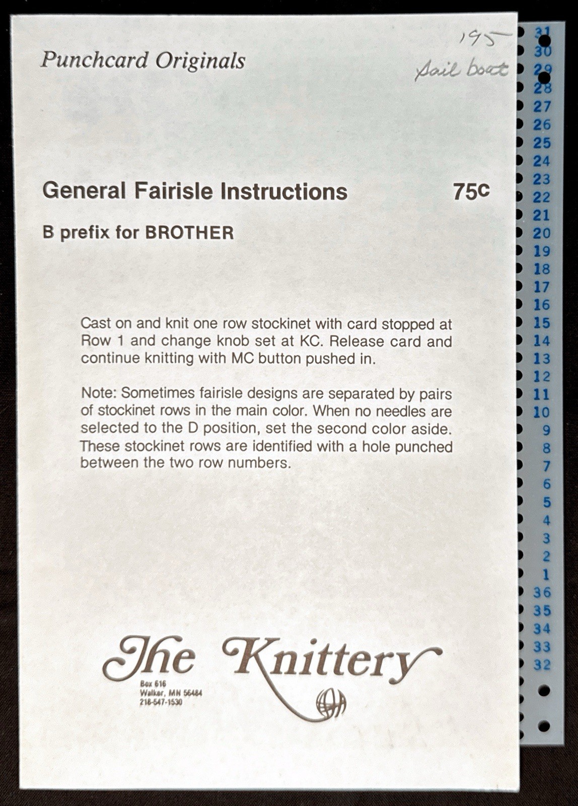 The Knittery 24 Stitch Punch Card  Fairisle Pattern - B195 - Sail Boat - Second