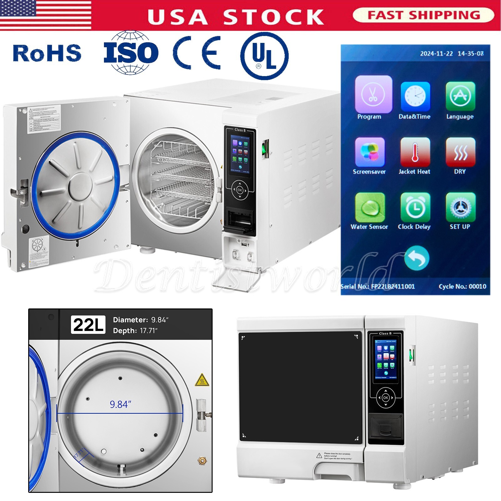 22Liter Dental Lab Class B Medical Autoclave Steam Sterilizer Drying+Printer LCD