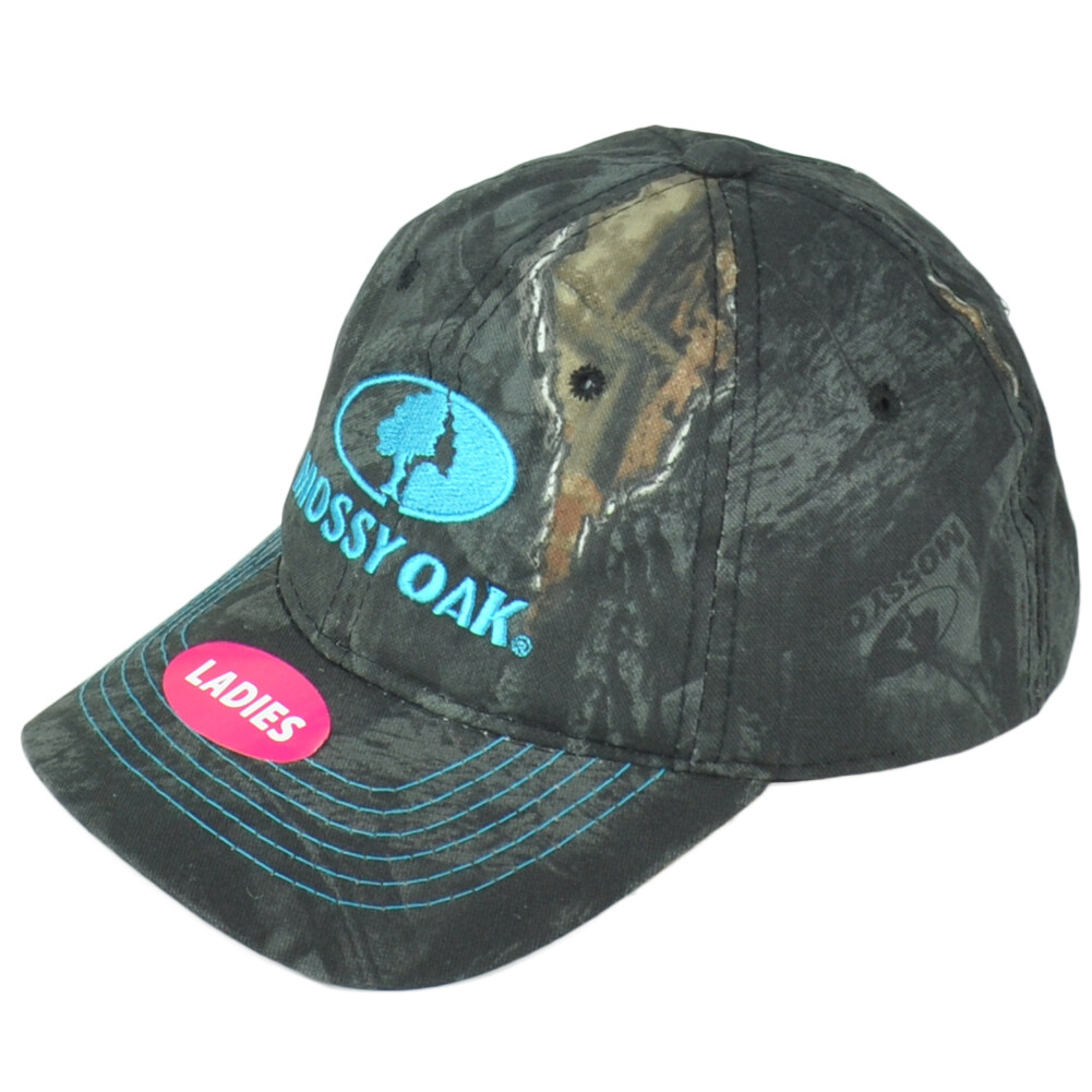 Mossy Oak Ladies Women Black Camouflage Outdoor Teal Logo Adjustable Hat Cap