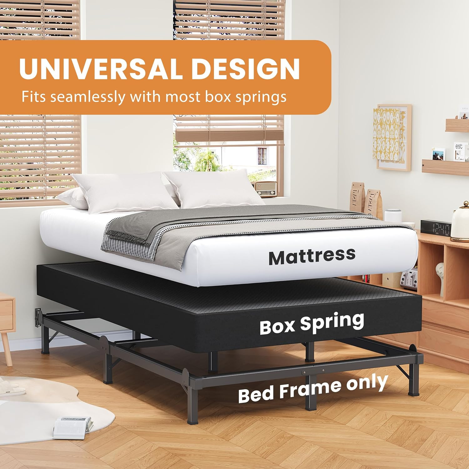 Metal Bed Frame Queen 8 Inches for Box Spring, 9-Legs Support Basics | Foldable