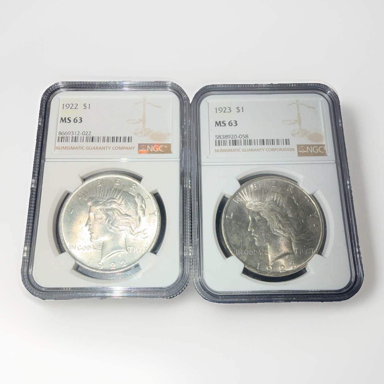 1922 & 1923 $1 Silver Peace Dollars NGC MS63