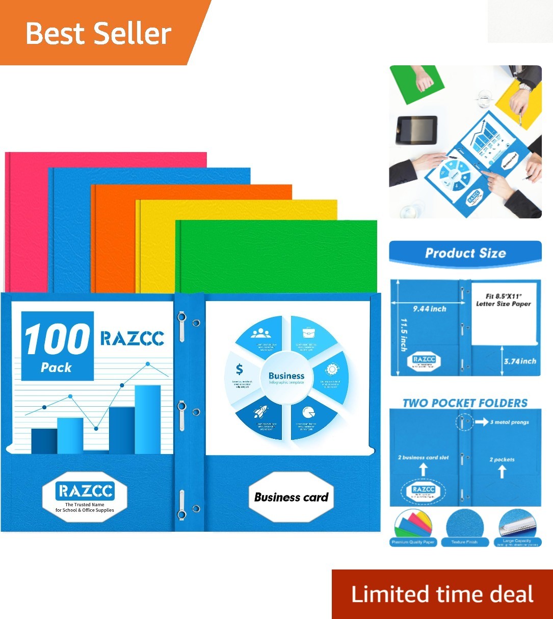100 Pack Assorted Two Pocket Folders with Prongs – Perfect for Home & Office
