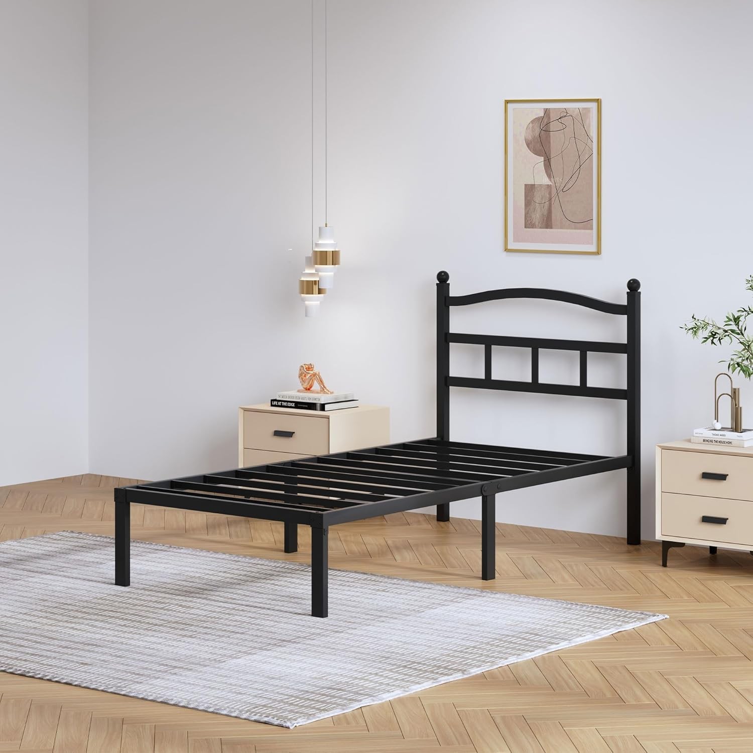 14 Inch Metal Bed Frame Twin Size Heavy Duty Bedframe W/ Headboard Black Basic