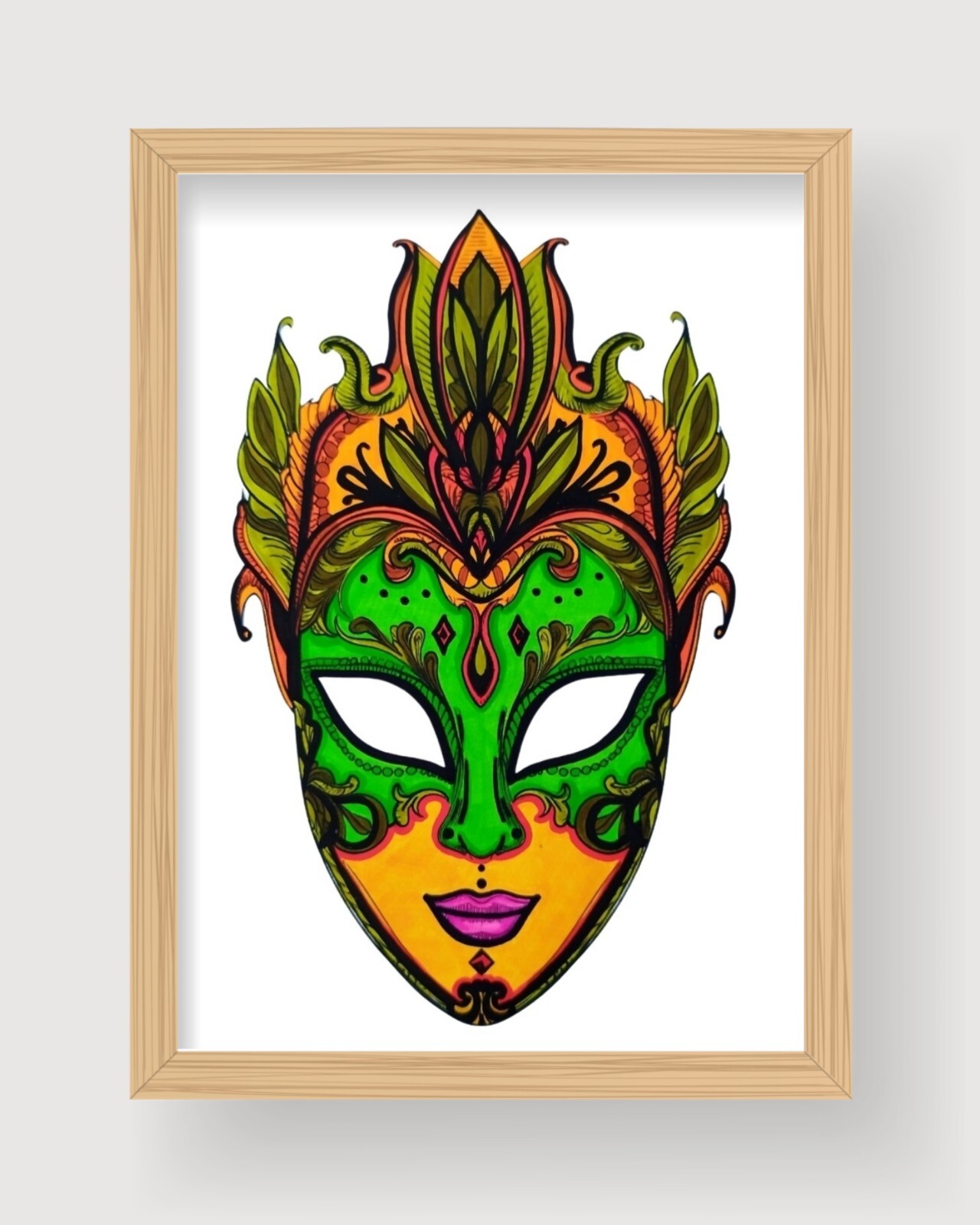 Carnival Mask Drawing Unframed Hand-Colored