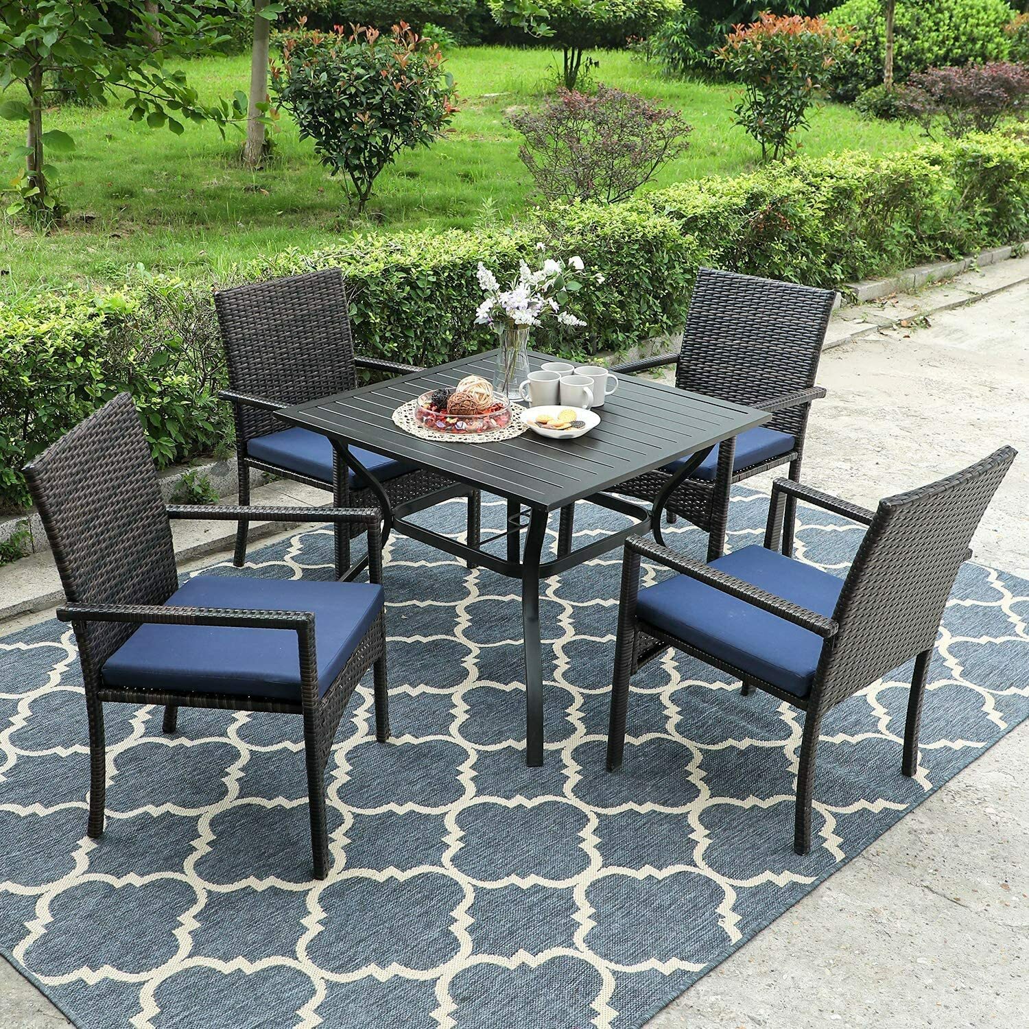 Rattan Furniture Sets Patio Chairs Metal Outdoor Table Square for 4 Person Party