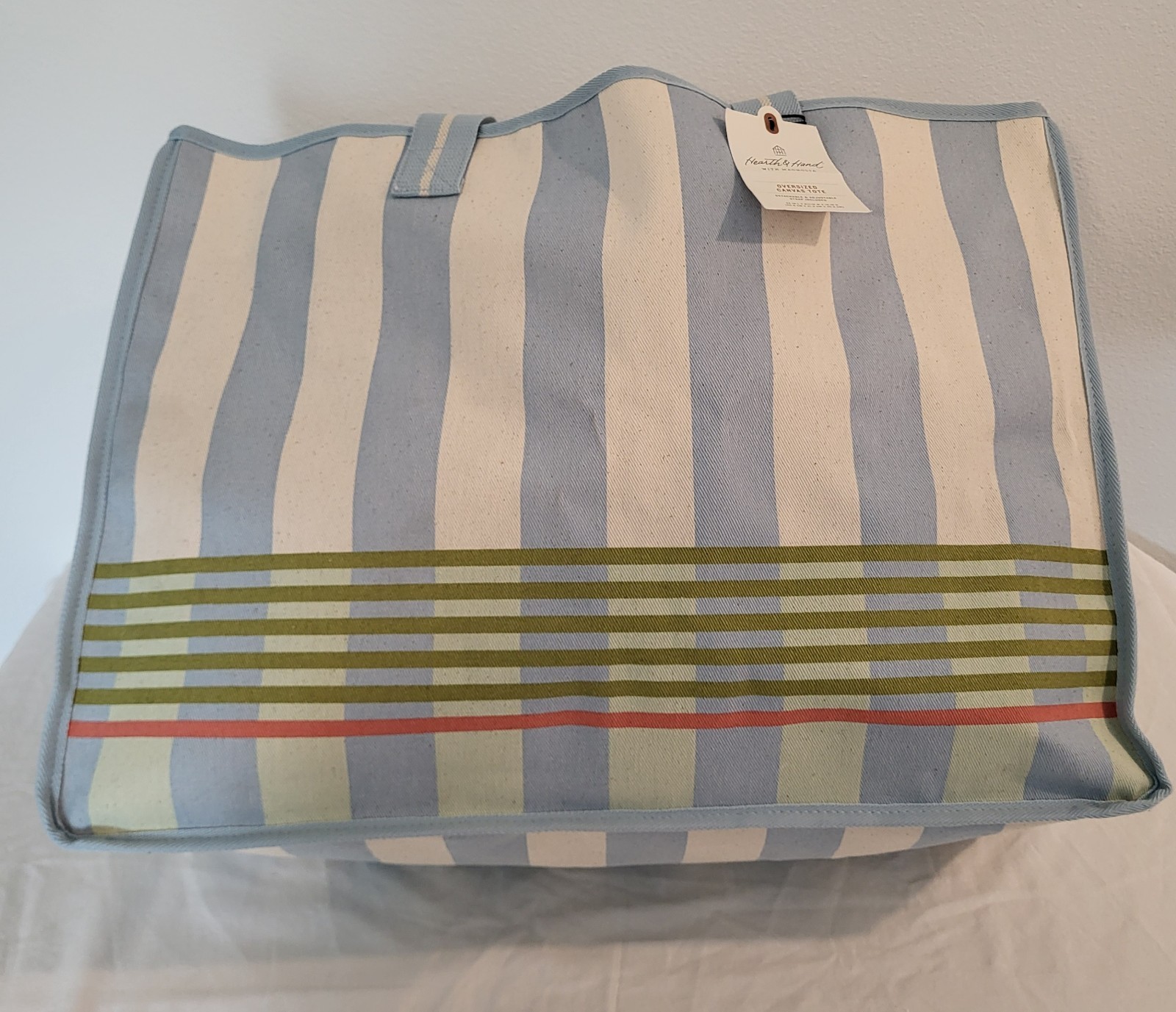 Hearth & Hand with Magnolia NWT Cross Stripe Carry All Tote Bag Blue Green Nat