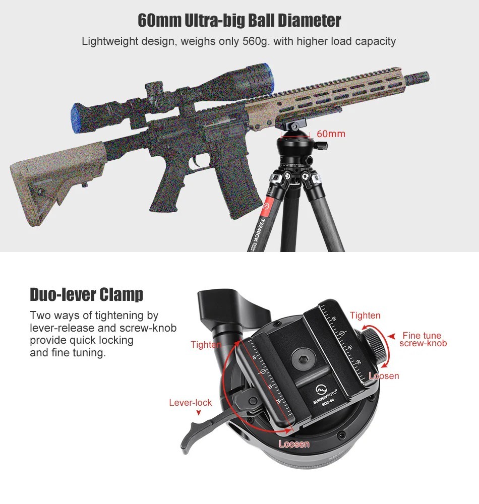 SUNWAYFOTO XB-60 60mm Low Profile Tripod Ball Head Picatinny / Arca Lever Clamp