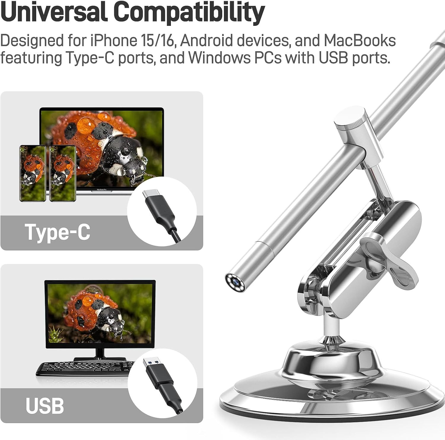 USB-C Digital Microscope, 10X to 200X Magnification Portable Camera with 8 LED L