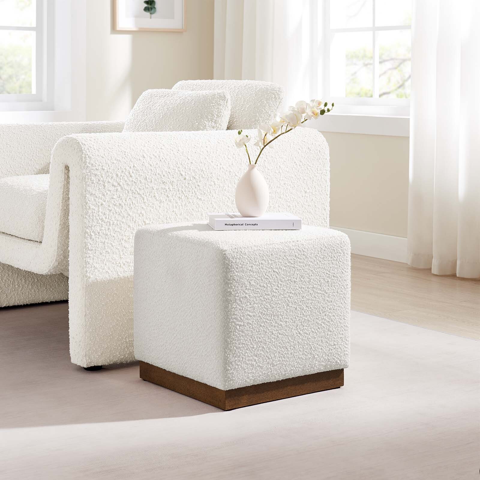 Modway Tilden 17" Square Boucle Upholstered Ottoman in Cloud Walnut