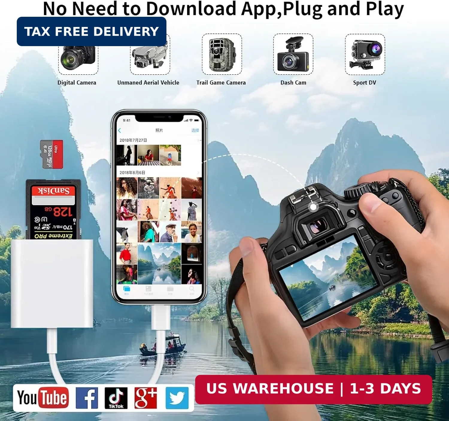 USB C SD Card Reader for iPhone 15 16/iPad/MacBook/Mac,Type C Memory Trail Camer
