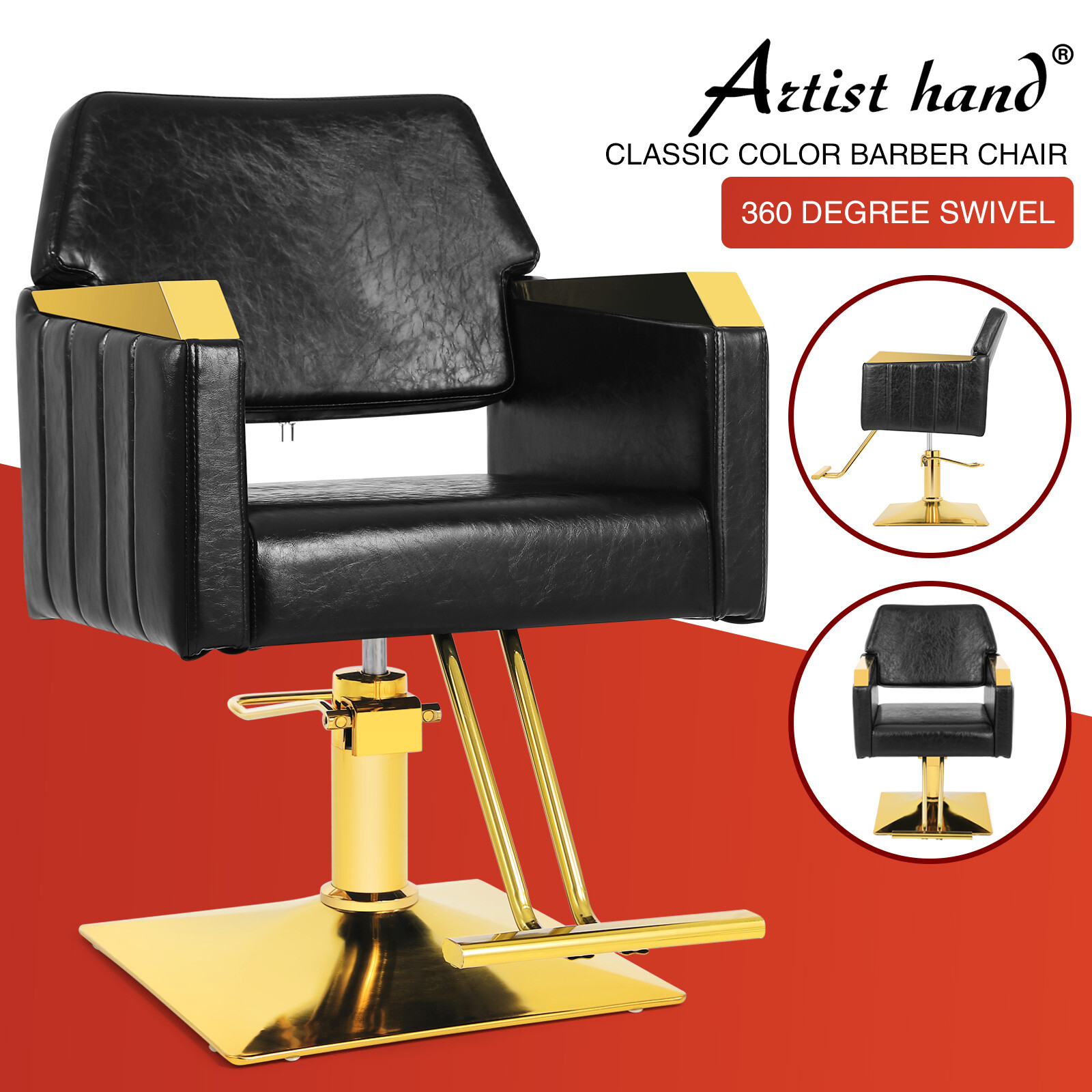 Artist hand Black+Gold 360°Hydraulic Barber Chair HeavyDuty Salon Beauty Styling