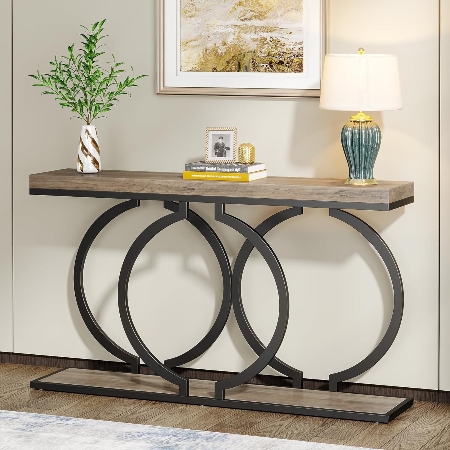 55-Inch Industrial Console Table Narrow Long Wooden Entryway Table for Hallway