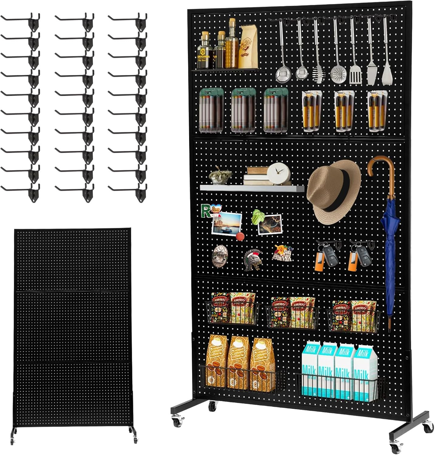 3.5' x 6' Metal Pegboard Display Stand with Wheels & 30 Hooks - Black