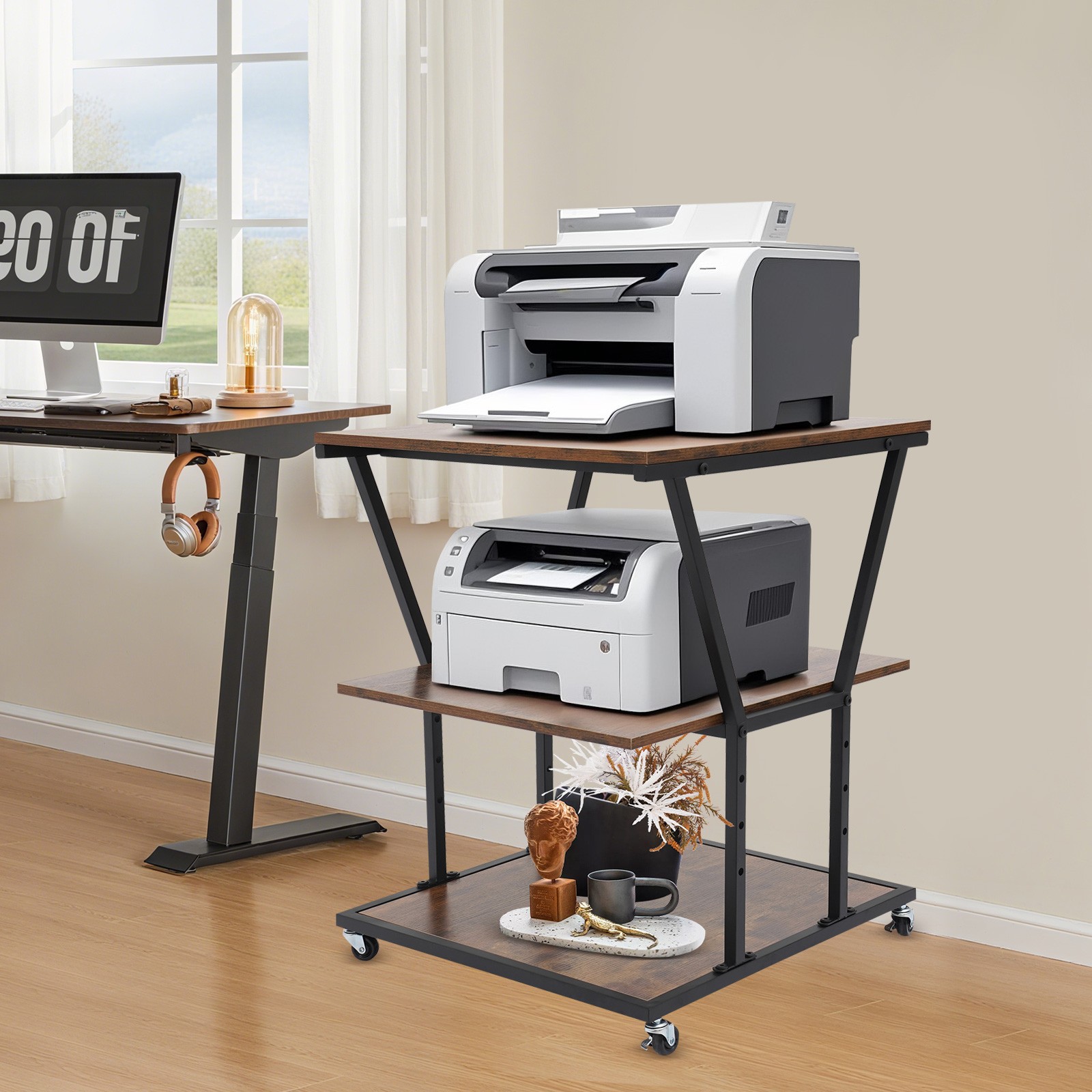 3-Tier Printer Stand with Adjustable Shelves & Wheels for Home/Office