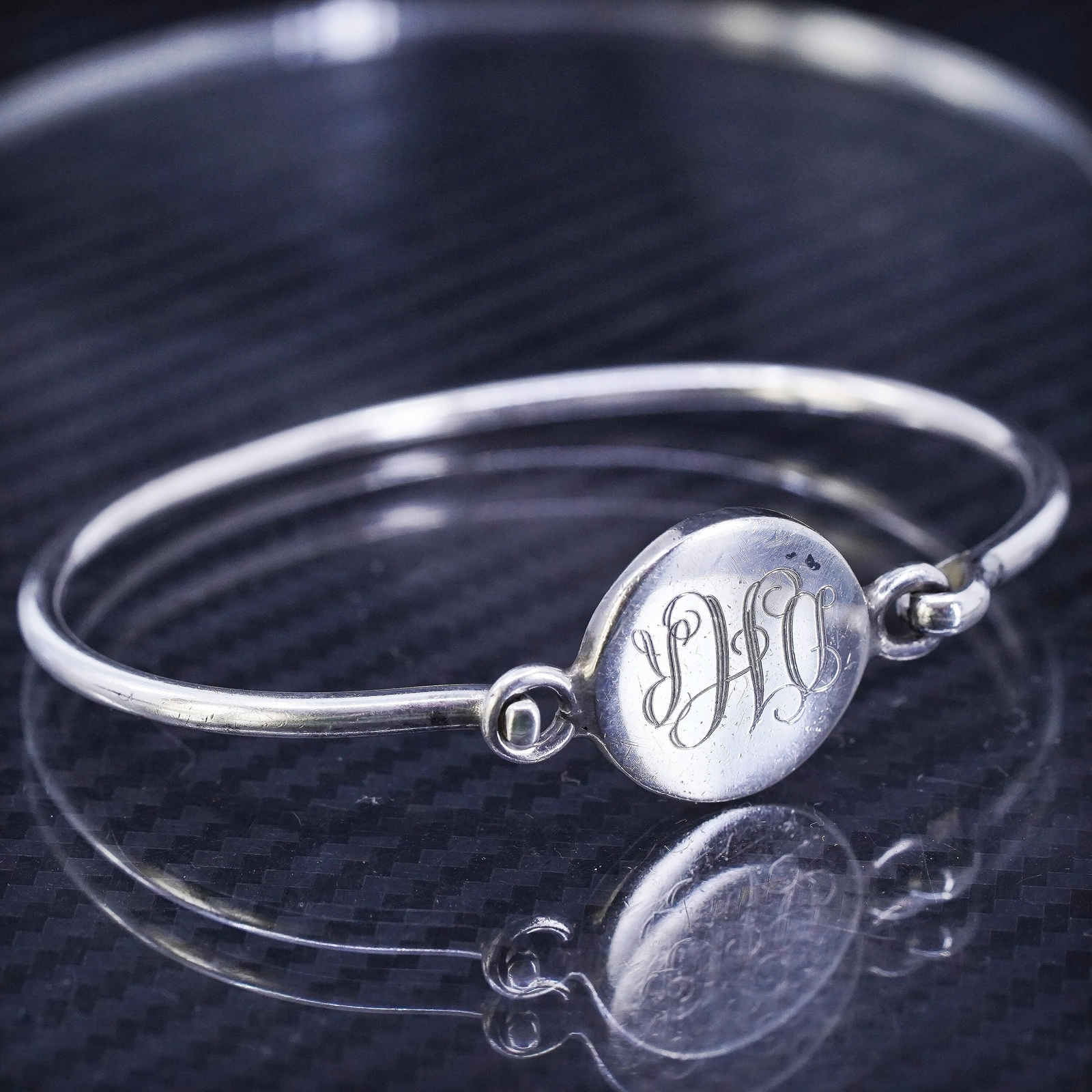 6.5”, Mexican sterling silver 925 hinged bangle, bracelet with monogram “DHR”