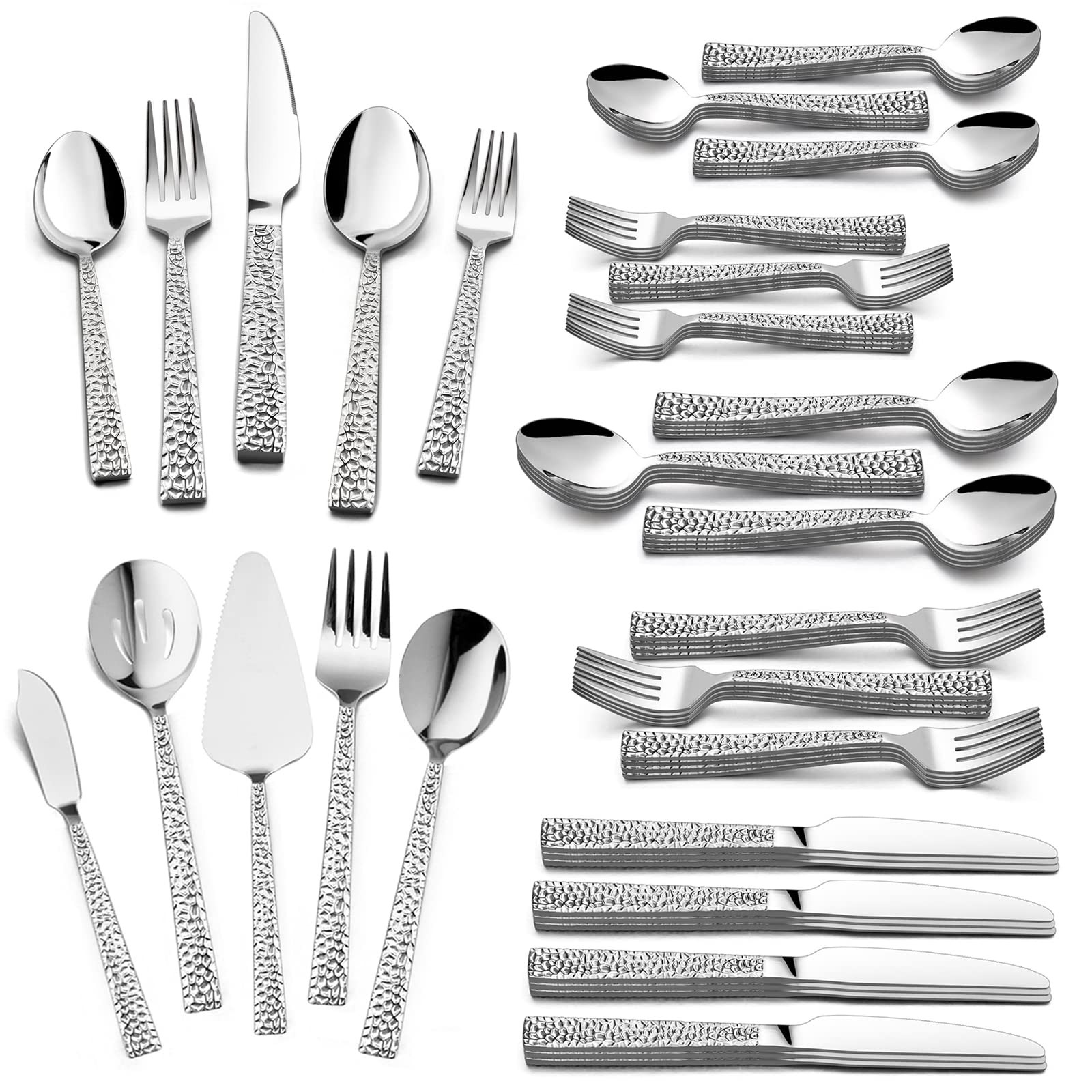 65-Piece Hammered Flatware Serving Set, Stainless Steel Silverware Cutlery Se...