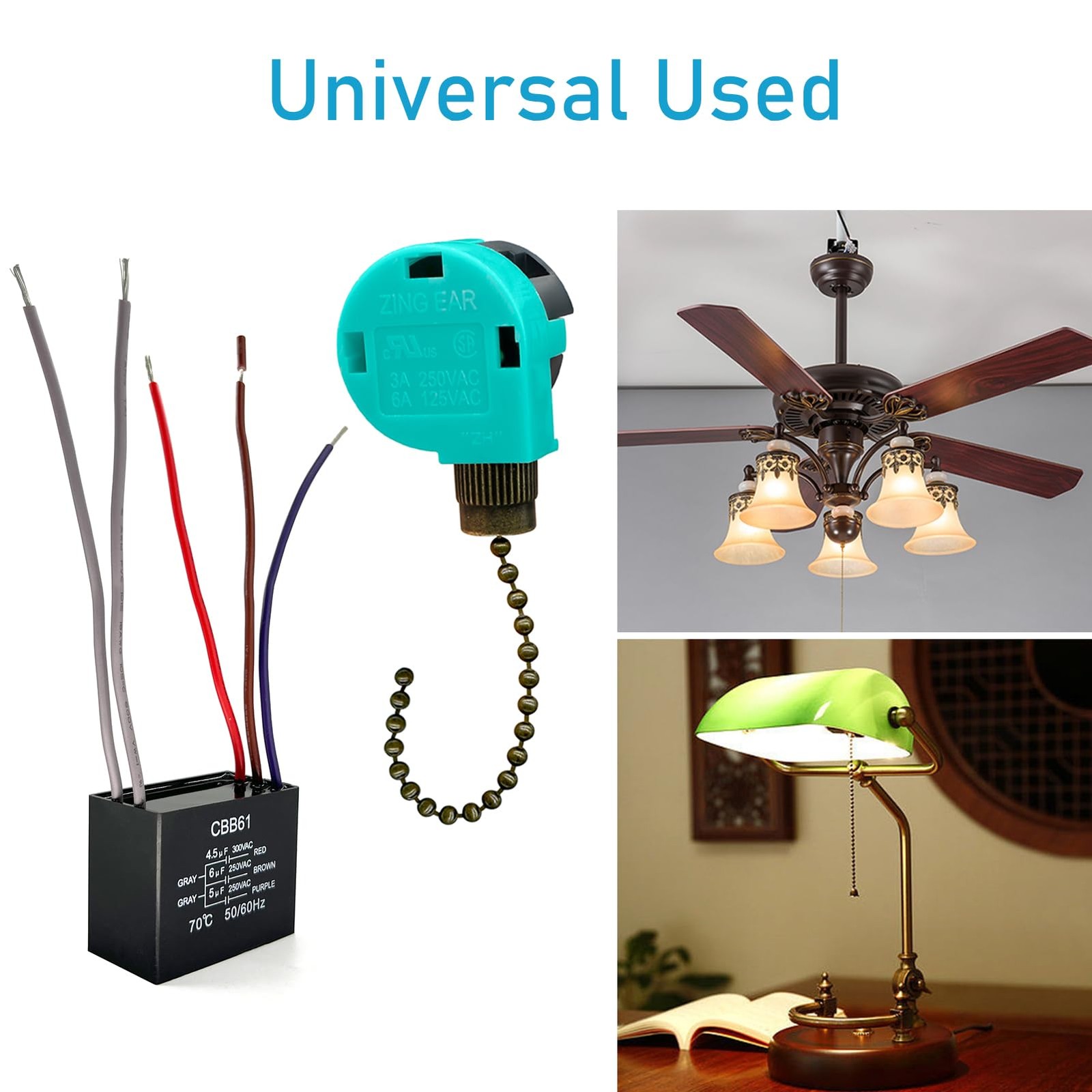 Ceiling Fan Pull Chain Switch 3 Speed 4 Wire, Ceiling Fan Capacitor CBB61 4.5...