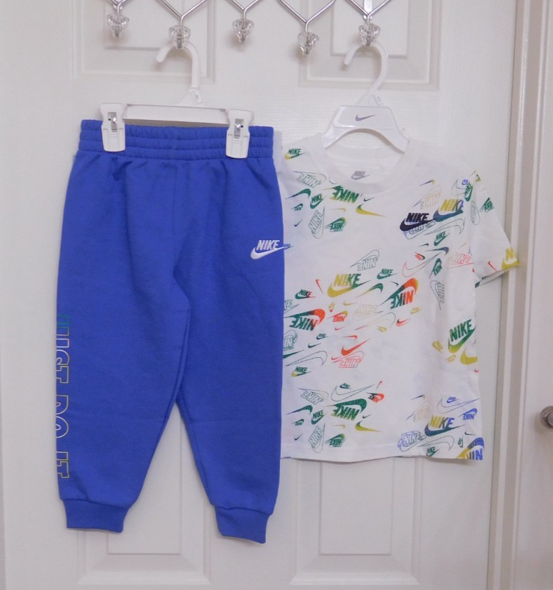 NWT 2pc Nike White Logo Shirt & Blue Logo Joggers Set sz 4t 6 or 7