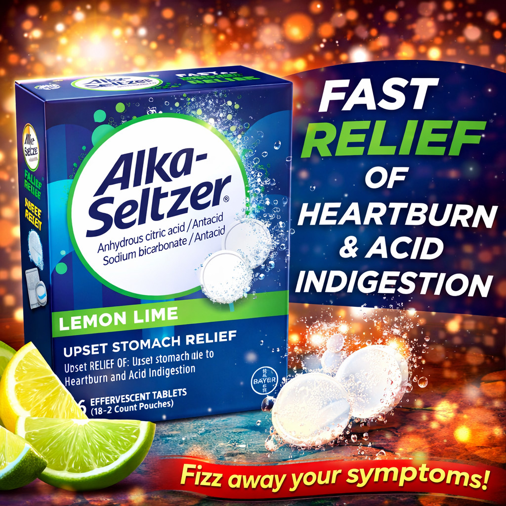 Alka Seltzer Effervescent Antacid Heartburn Upset Stomach Relief Lemon 36 ct