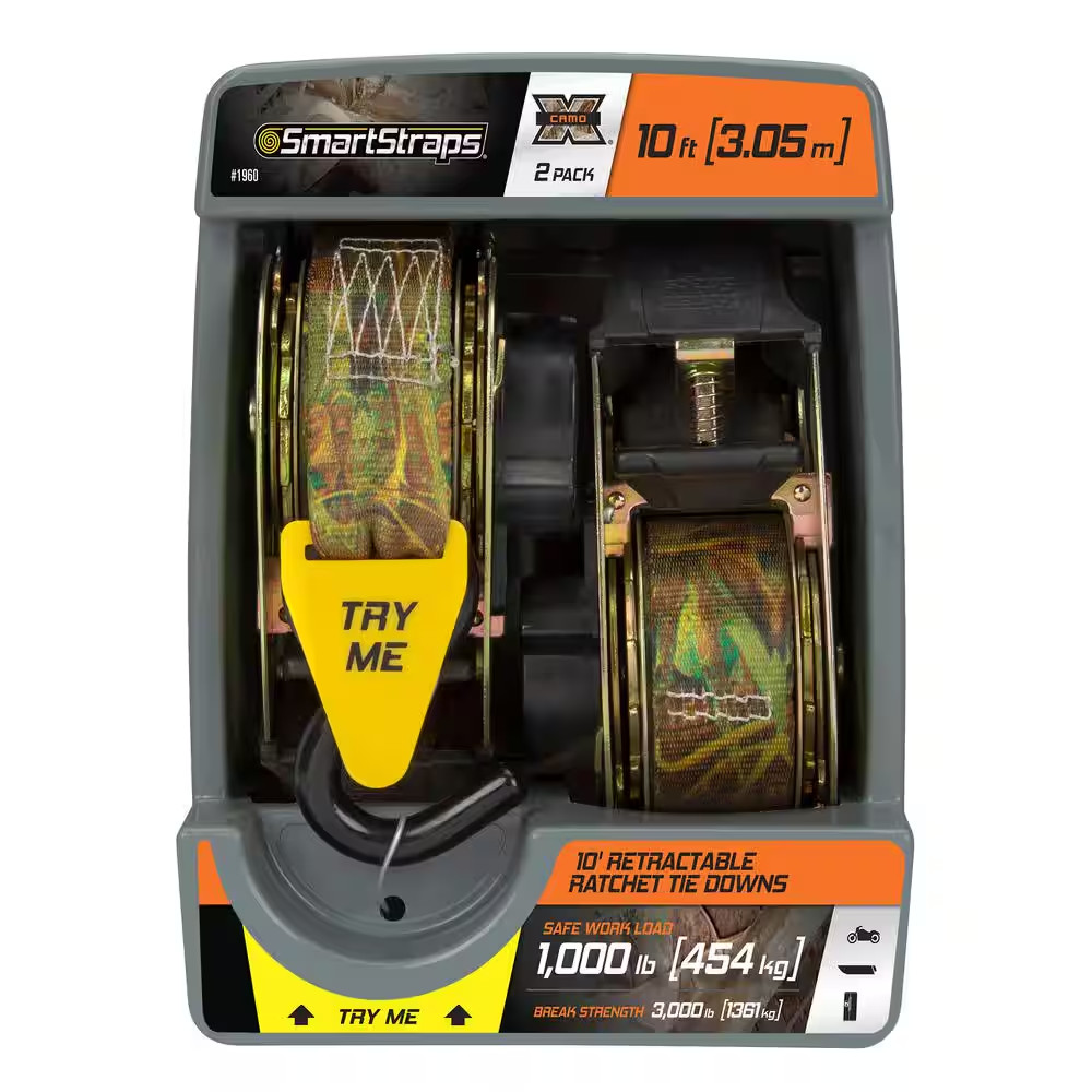 SmartStraps Ratchet Tie Down Straps 10ft x 1.5in Camo Retractable 2 Pack 1000lb