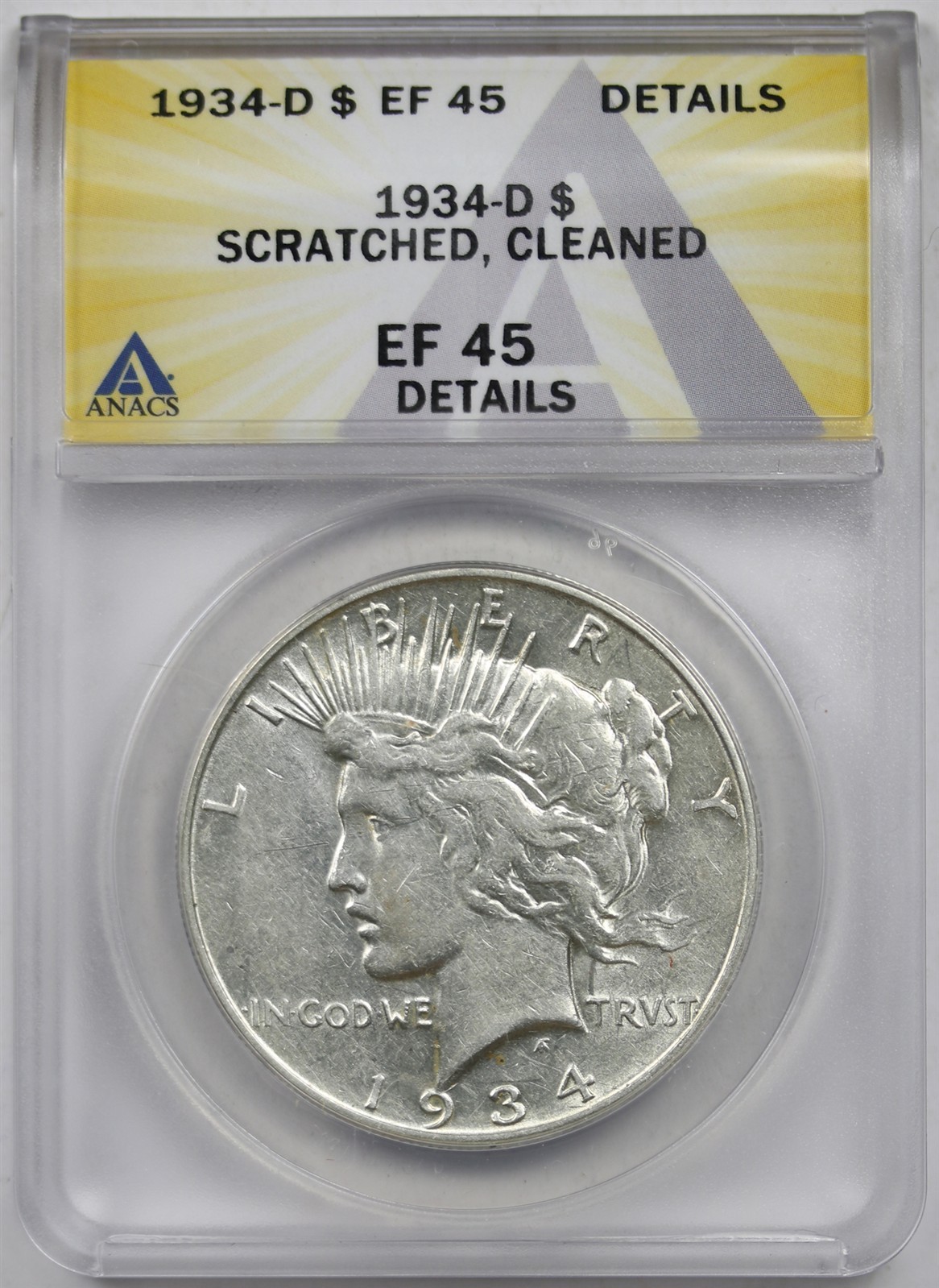1934-D $1 ANACS XF EF 45 Details Peace Silver Dollar