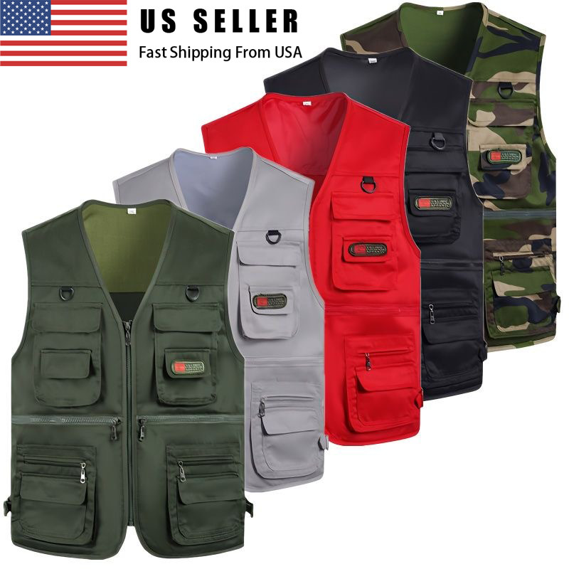 Mens Cargo Multi Pocket Utility Vest Fishing Hiking Camping Gilet Waistcoat Tops