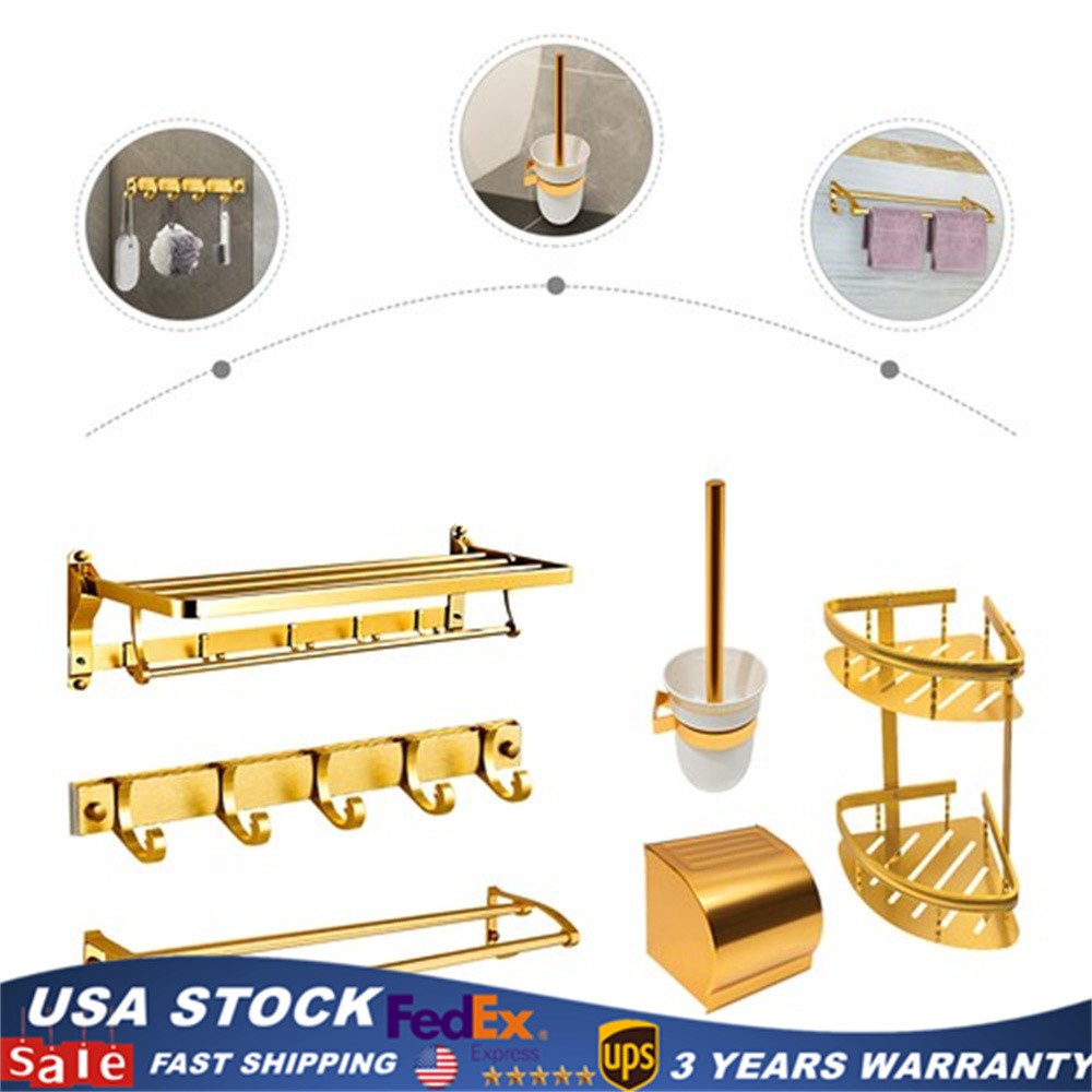 6 Pcs Gold Bathroom Hardware Set Towel Bar Racks Hooks Toilet Roll Holder