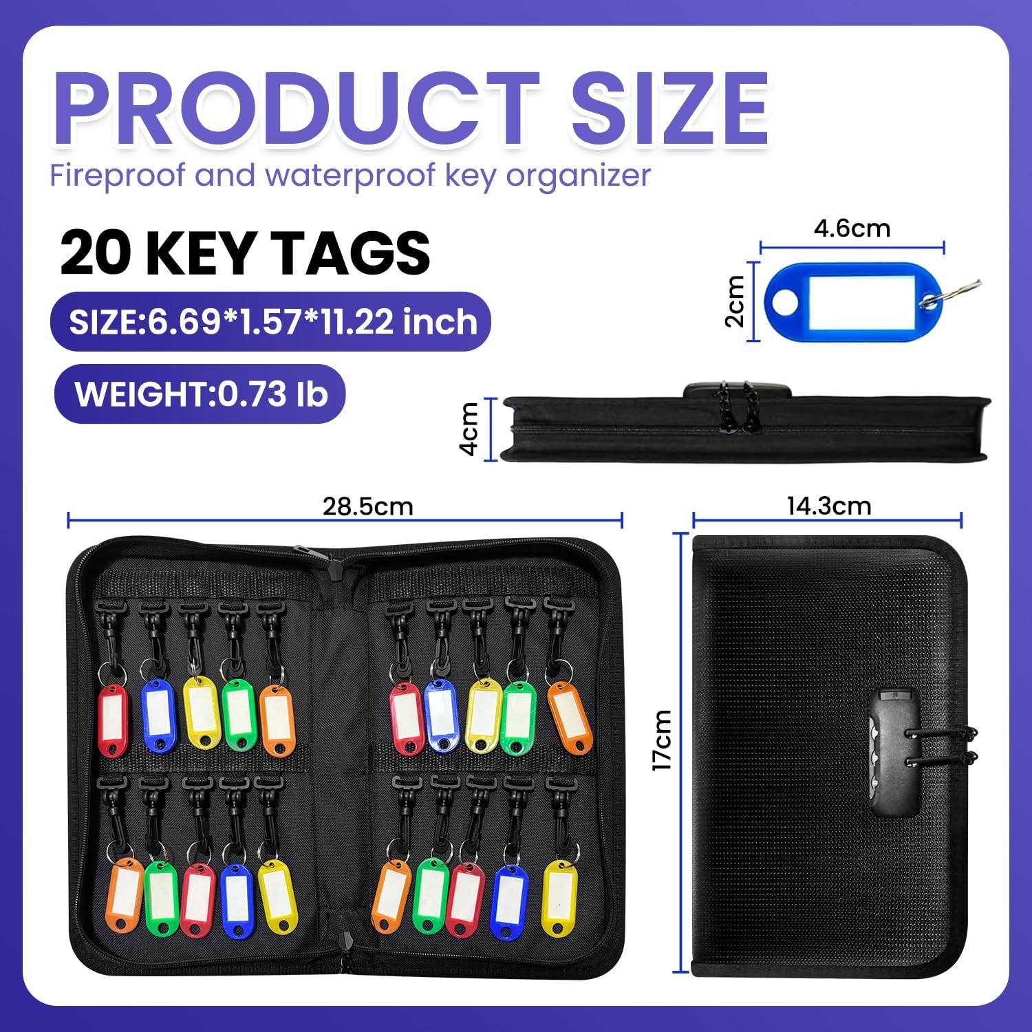 20 Position Key Organizer with Combination Lock Waterproof Fireproof Key Stor...